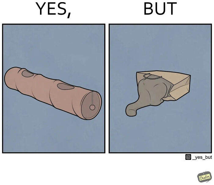Absurd yes but comic panels showing a sausage and a squished meat leg with simple backgrounds and minimal details.