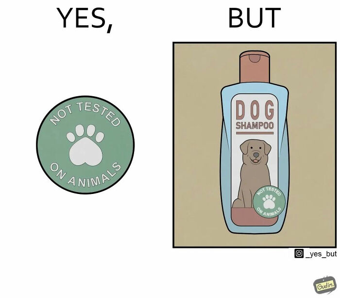 Yes but comic showing a dog shampoo bottle labeled not tested on animals with a paw print symbol.