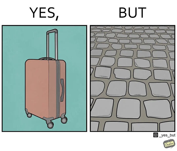 Illustration of a suitcase under yes and cobblestone pavement under but in a humorous yes but comic style.