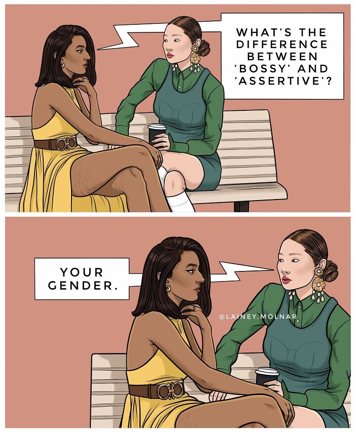 Illustration by Lainey Molnar showing two women discussing the difference between bossy and assertive challenging gender norms.