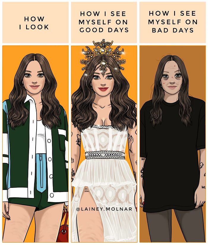 Illustration by Lainey Molnar showing three views of a woman on how she looks and sees herself on good and bad days.
