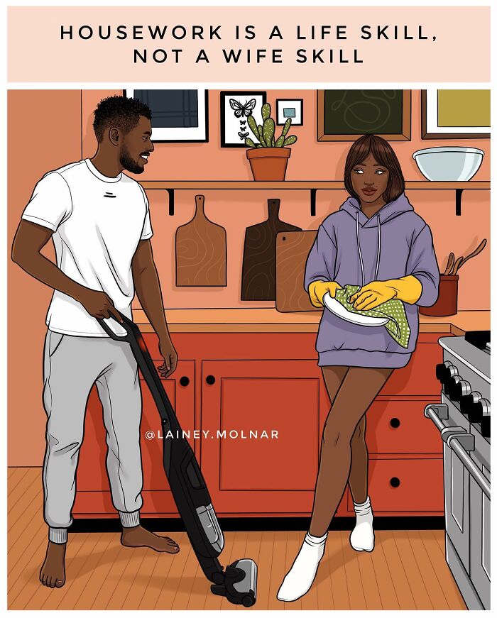Illustration by Lainey Molnar showing a man vacuuming and a woman drying dishes, challenging societal expectations and celebrating women.