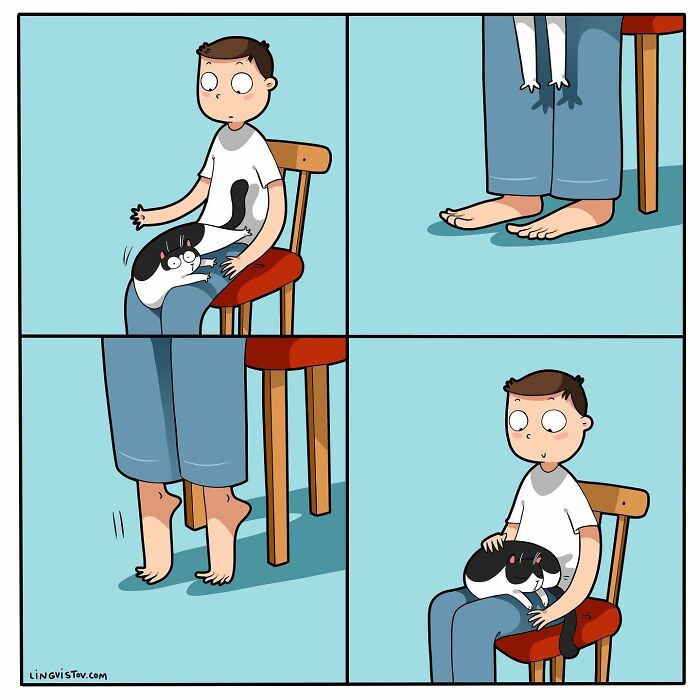 Comic shows a cat owner slowly standing up while cat clings to his lap in a relatable cat owner comic illustration.