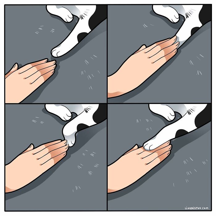 Comic showing a cat playfully touching a human hand, illustrating relatable moments for cat owners in a fun and lighthearted style.
