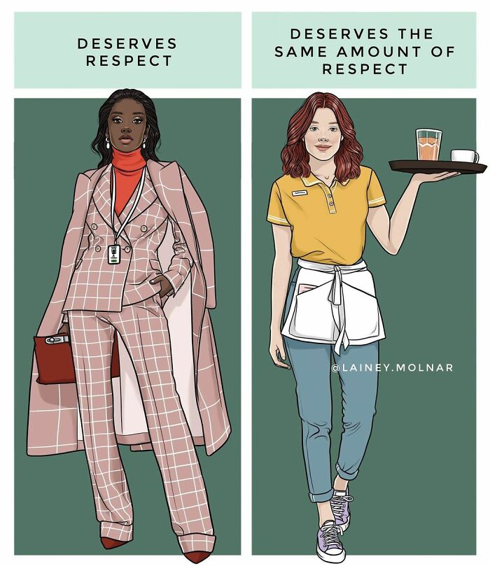 Illustration by Lainey Molnar showing two women in different jobs both deserving respect equally.