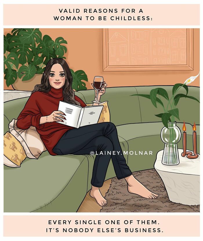 Illustration by Lainey Molnar of a woman relaxing with a book and wine, celebrating women challenging societal expectations.