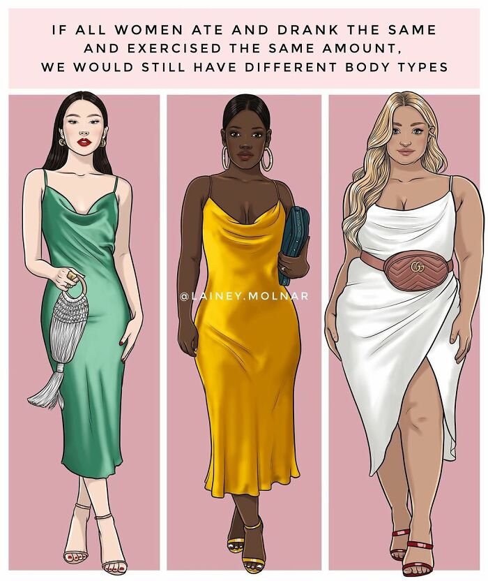 Illustration by Lainey Molnar showing diverse women in elegant dresses celebrating different body types and beauty.