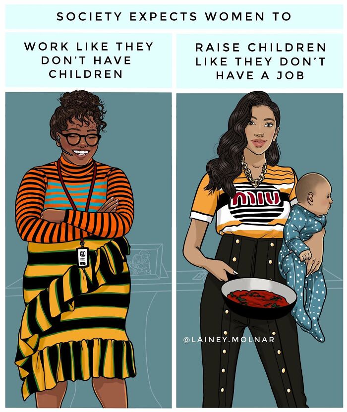 Illustration by Lainey Molnar showing women challenging societal expectations of work and motherhood.