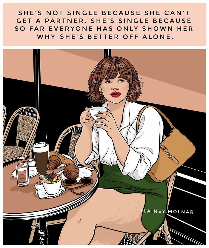 Illustration by Lainey Molnar of a confident woman enjoying coffee at a café, celebrating independence and challenging societal expectations.