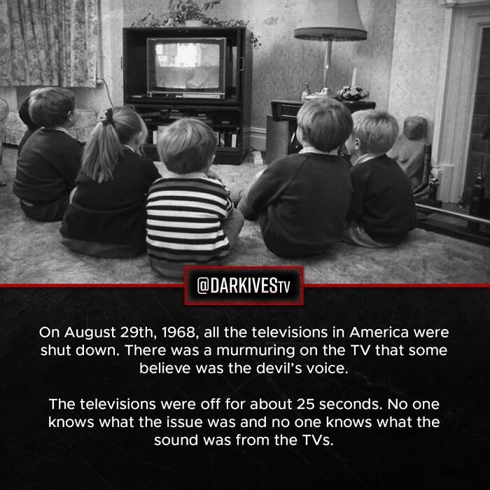 Children watching a black and white TV during a mysterious 1968 American blackout with strange murmuring sounds, strange and dark world.