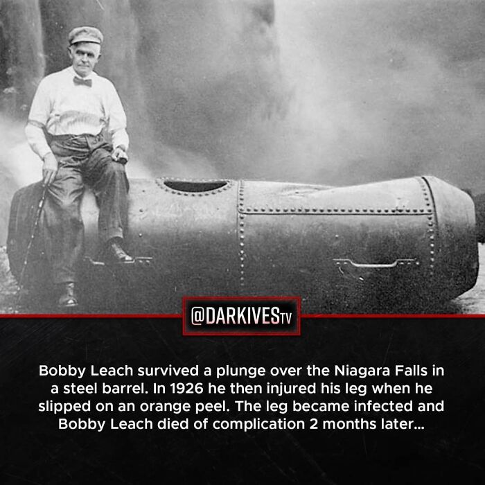 Man sitting on a steel barrel after surviving a plunge over Niagara Falls, illustrating strange and dark world facts.