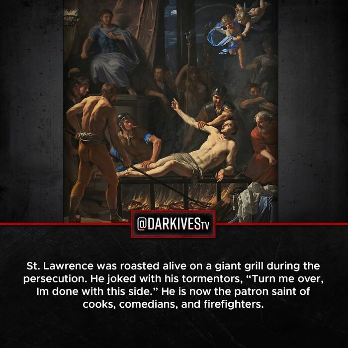 Historical painting showing the dark and strange world with the torment of St. Lawrence roasted alive on a giant grill.
