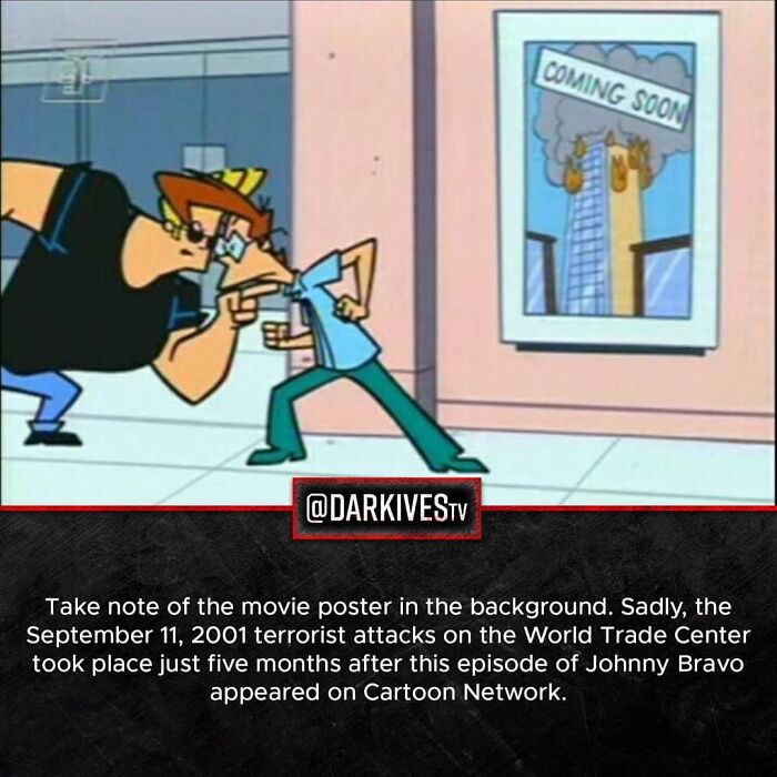 Johnny Bravo episode image showing ominous World Trade Center poster, linked to terrifying facts and dark events in our world.