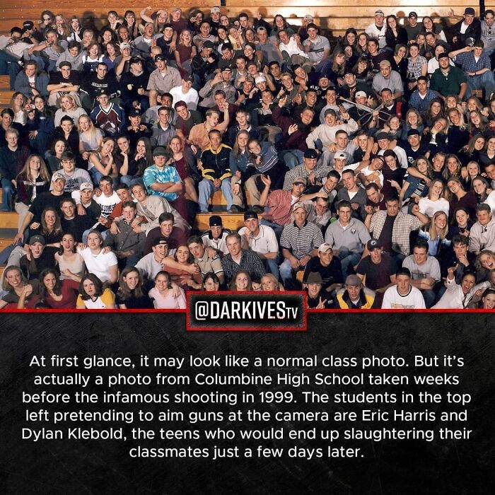 Large group photo from Columbine High School before the tragic shooting, highlighting dark and strange events in history.