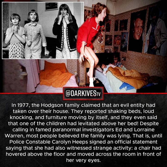 Photos depicting the Hodgson family’s alleged paranormal encounter showing strange levitation and dark supernatural activity.
