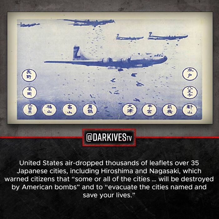 Historical black and white photo of planes air-dropping leaflets over Japanese cities in a terrifying dark world fact.