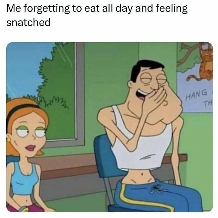 Cartoon characters in a funny relatable meme about forgetting to eat all day, highlighting humor in navigating life as just a girl.