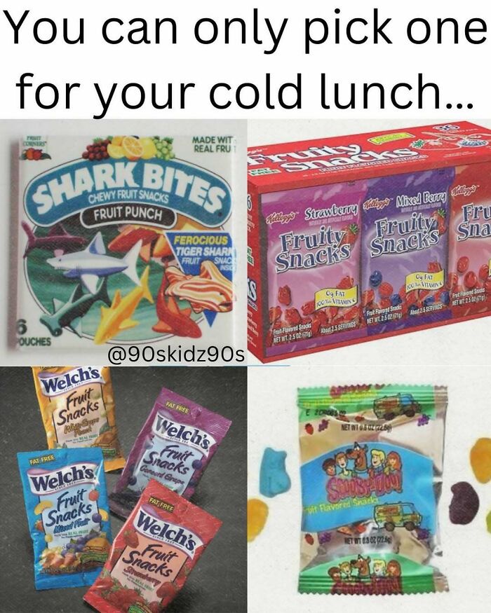90s fruit snacks including Shark Bites, Fruity Snacks, Welch's, and Scooby-Doo for nostalgic millennial cold lunches.