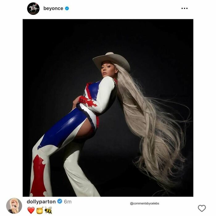 Beyonce wearing a colorful cowboy outfit with long flowing hair in a striking pose, showcasing unexpected celeb style gems.