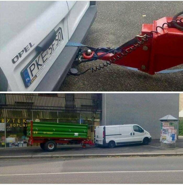 White van towing a trailer in an unconventional way, showcasing unusual construction and design choices.