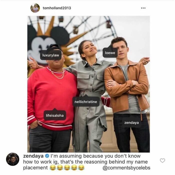 Zendaya and friends posing at an amusement park with celebrity usernames highlighting unexpected gems in comments.
