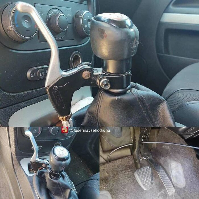 Car gear shift with a modified brake lever and pedal setup showcasing unusual construction and design.