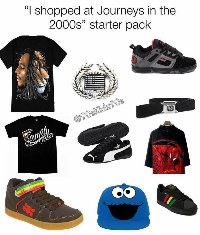 2000s Journeys starter pack with iconic 90s shoes, graphic tees, and nostalgic accessories for millennials missing the 90s era.
