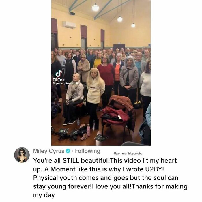 Choir of diverse adults performing indoors with a heartfelt comment from Miley Cyrus in celeb unexpected gems comments.