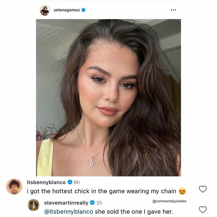Selena Gomez in a close-up selfie with long hair, accompanied by celebrity comments sharing unexpected gems.