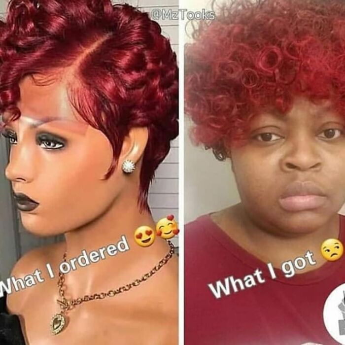 Side-by-side comparison of ordered versus received hairstyle showing a dramatic hair fail with red curls.