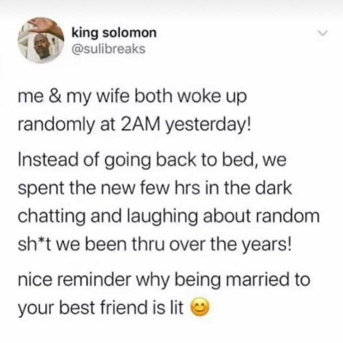 Screenshot of a wholesome relationship meme about a couple waking up and enjoying deep conversations late at night.