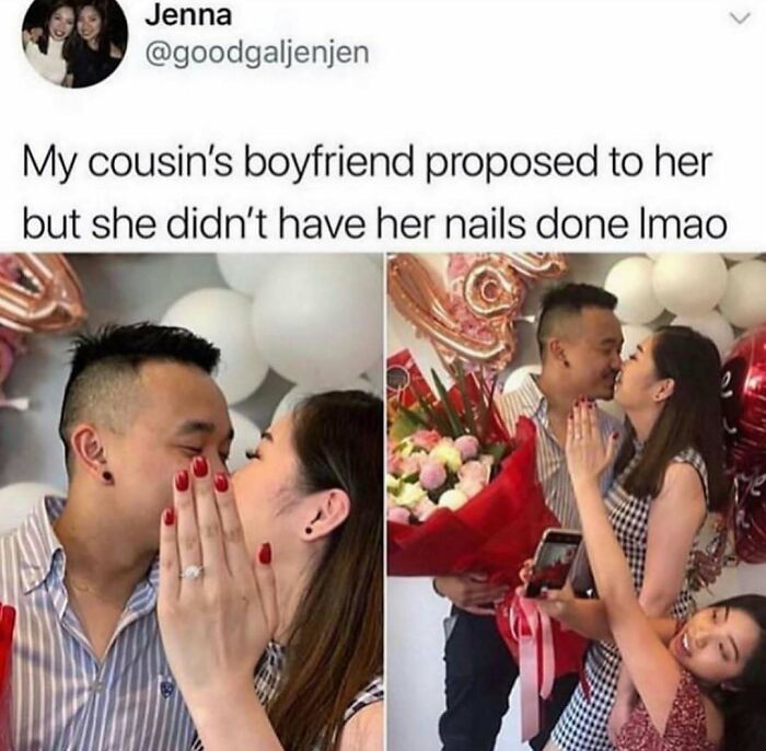Couple celebrating engagement with bouquet and balloons, woman showing off ring and red painted nails in relationship meme.