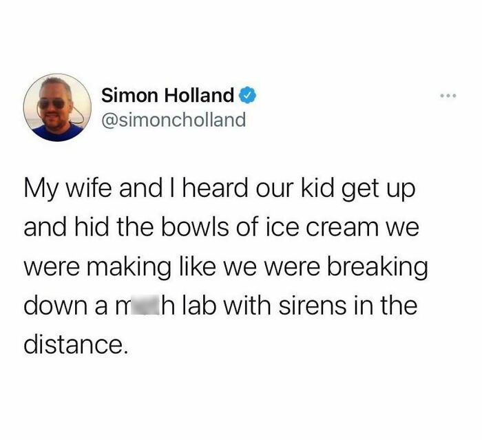 Tweet from Simon Holland humorously describing a wholesome relationship moment with his wife and kid about hiding ice cream bowls.