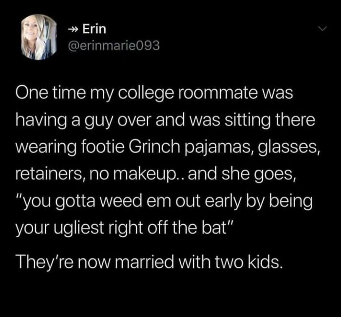 Tweet about a college roommate wearing Grinch pajamas on a date, illustrating wholesome relationship memes and lasting love.