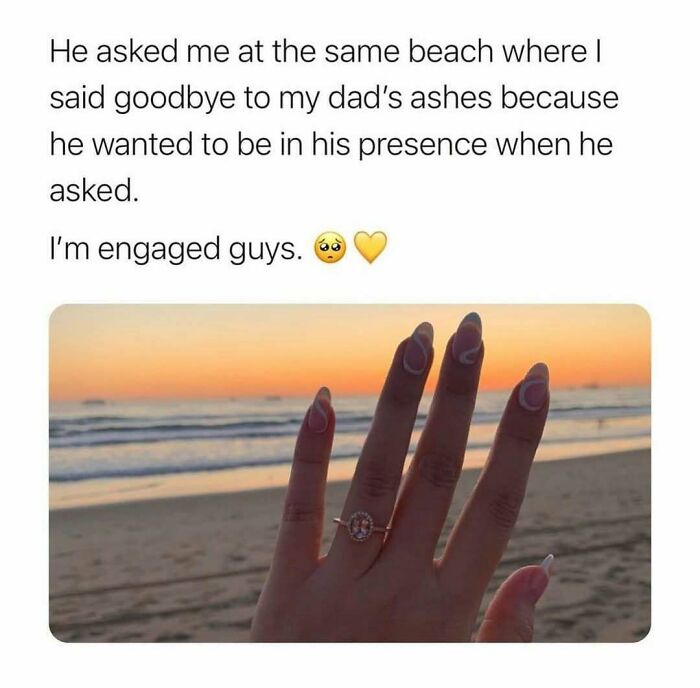 Hand with engagement ring shown at the beach during sunset, a wholesome relationship moment beyond relatable emotions.