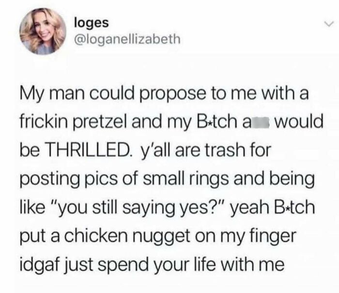 Social media post humorously expressing wholesome relationship feelings about proposals beyond traditional rings.