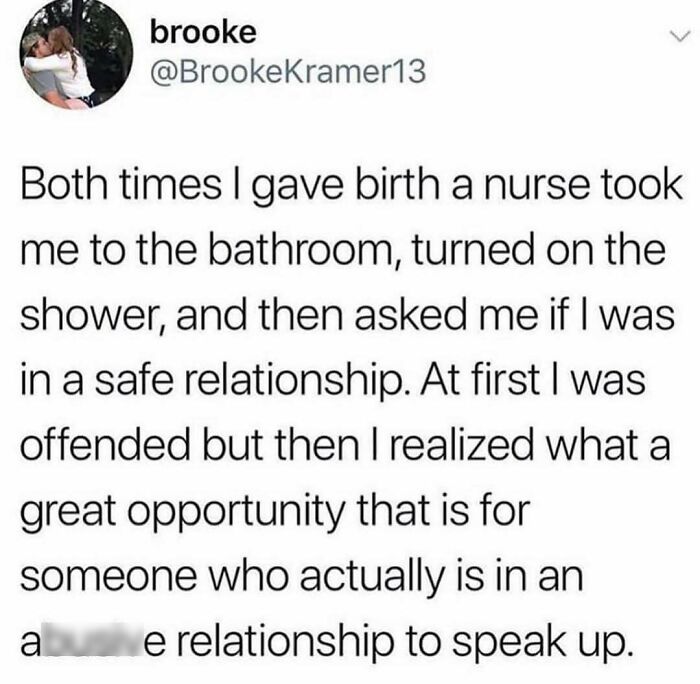 Tweet by Brooke sharing a wholesome moment about nurses asking new mothers if they are in a safe relationship, relatable meme.