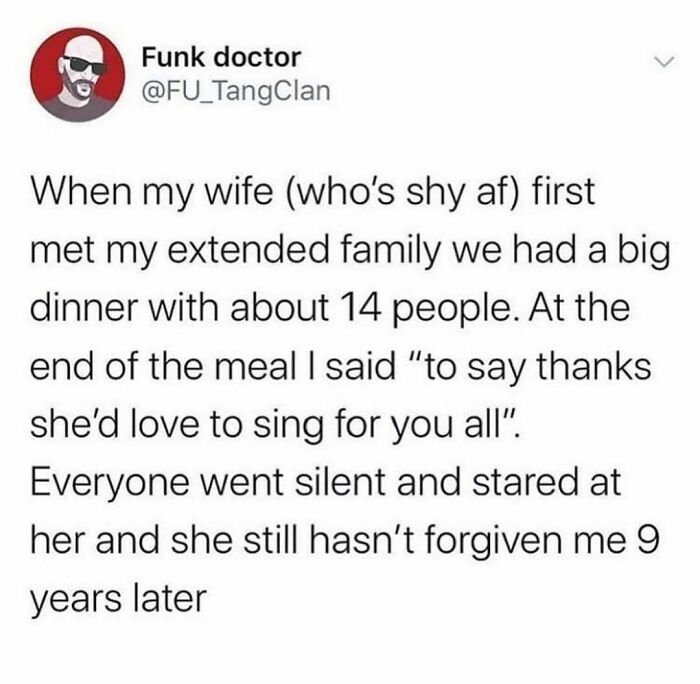 Text meme about a shy wife meeting extended family and an awkward moment during a big dinner, relatable relationship humor.