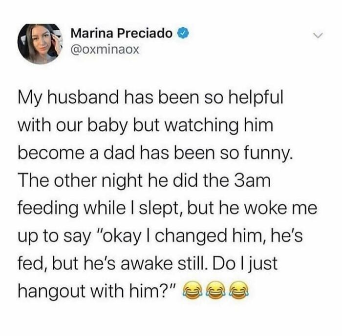 Tweet about a husband helping with their baby, showcasing a wholesome relationship meme that's beyond relatable.