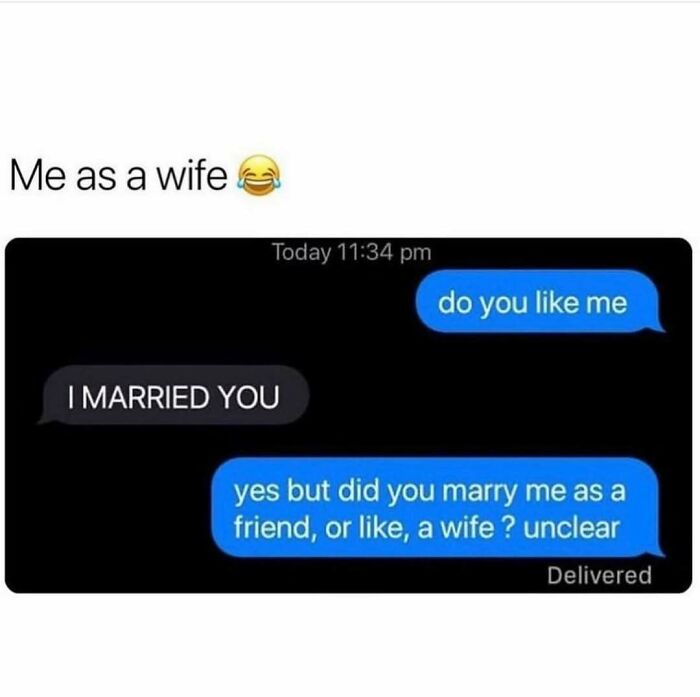 Text message meme about marriage and relationship confusion, highlighting wholesome relationship memes in a humorous way.
