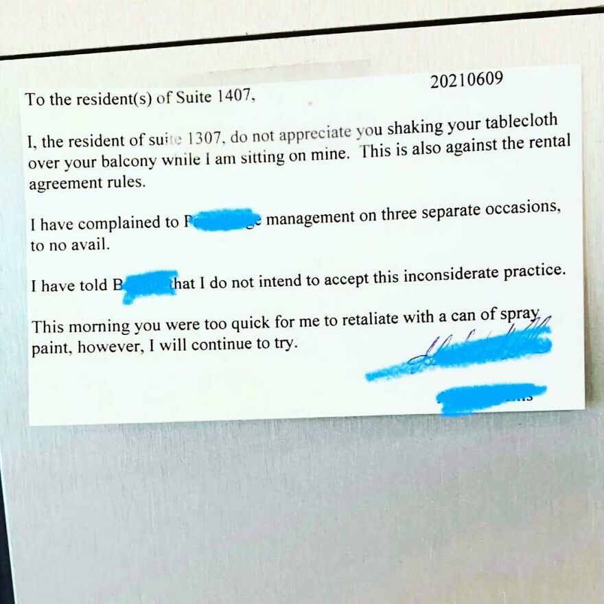 Note complaining about noisy neighbors in a residential setting, highlighting reasons to live in the middle of nowhere.