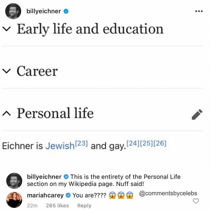 Screenshot of Billy Eichner’s Wikipedia personal life section with a comment exchange highlighting unexpected celebrity gems.