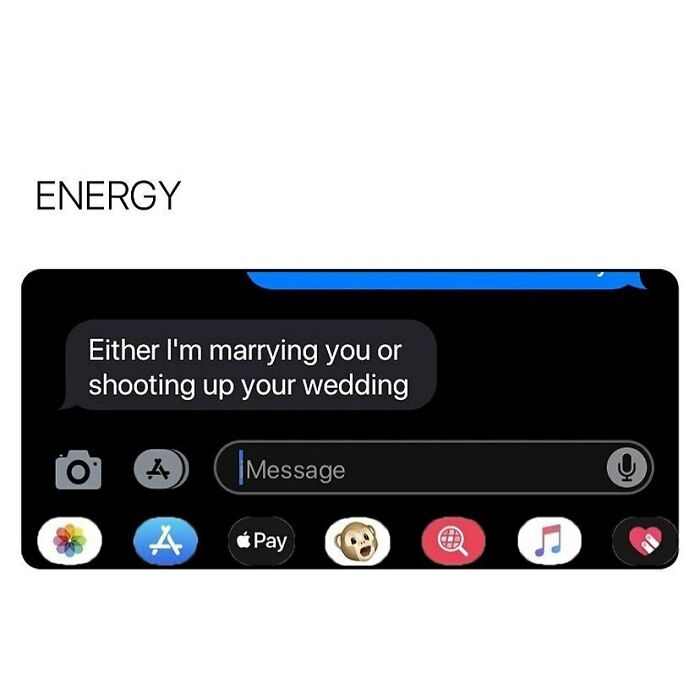Text message screenshot showing a humorous and intense tone in a wholesome relationship meme about commitment energy.