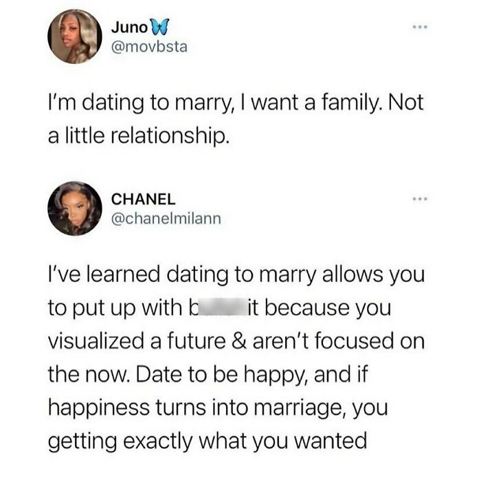 Social media conversation about dating to marry, focusing on wholesome relationship memes and future happiness in relationships.