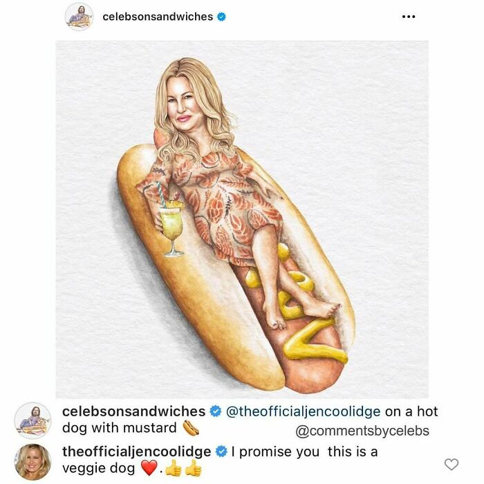 Woman's face edited onto a hot dog with mustard, featured in a celeb comments post with unexpected gems.