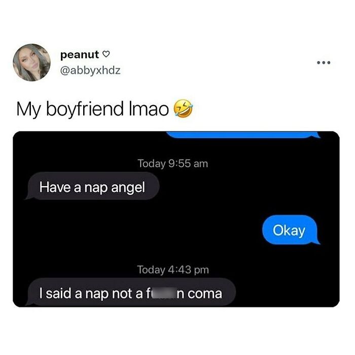 Text message conversation showing a funny, wholesome relationship meme about taking a nap shared by a girlfriend.