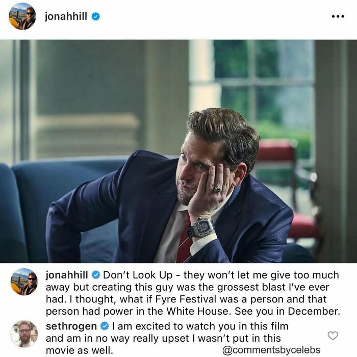 Jonah Hill in a suit leaning on his hand in a candid moment showing celebs dropping unexpected gems in comments.