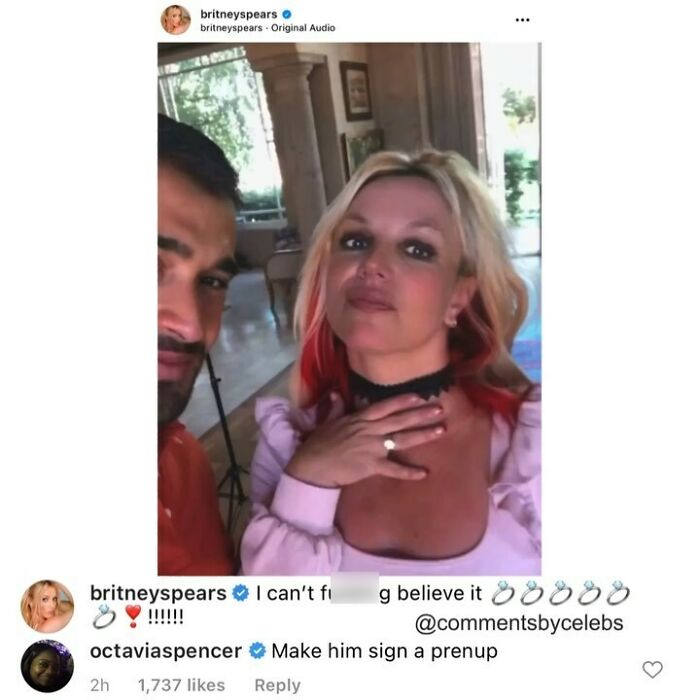 Britney Spears selfie with a man indoors, featuring a celebrity comment interaction on a social media post about unexpected gems.