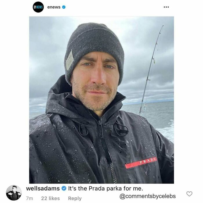 Actor in a rain-soaked Prada parka fishing on a boat, showcasing unexpected gems in celeb comments.
