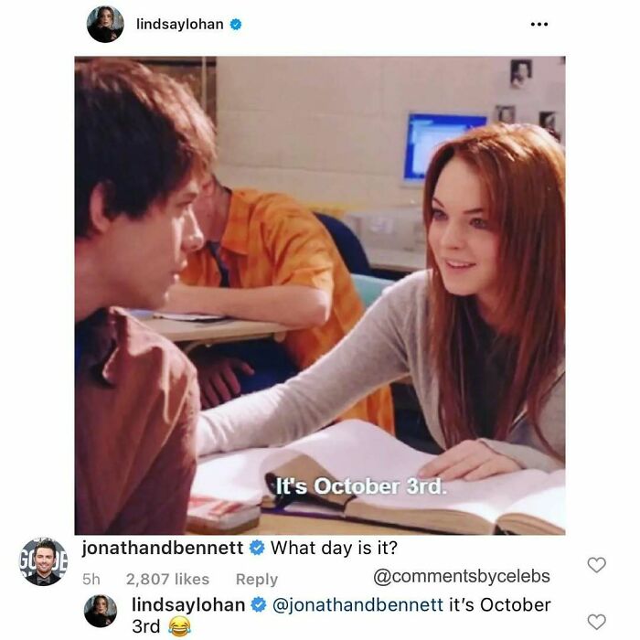 Lindsay Lohan in a scene referencing October 3rd with a humorous celebrity comment interaction on social media.